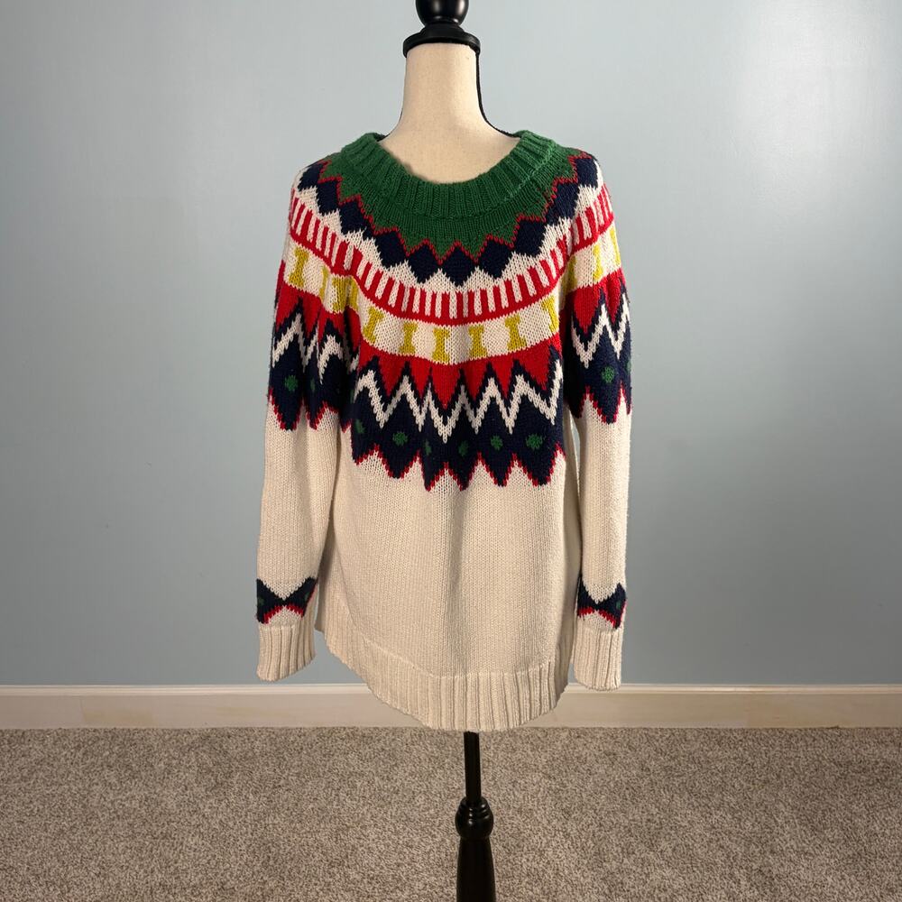 Aerie Fair Isle Sweater Large Cream Red Green Navy 90s Preppy Cozy Knit